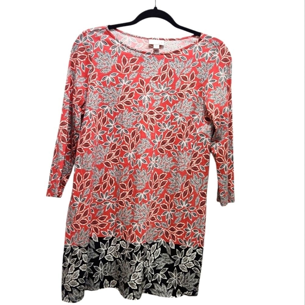 J. Jill 3/4 Sleeve Tunic Coral Navy White Leaf Design Size S Lightweight Travel